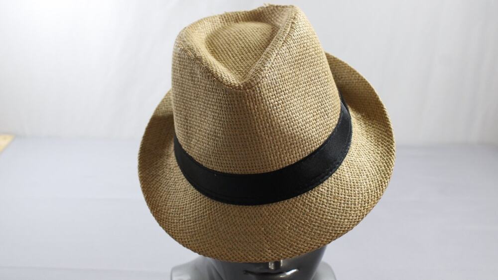 Paper Straw Fedora Trilby Hat Size 58 Tan Black Ribbon Band Summer Beach Mens